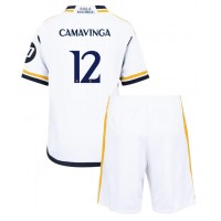 Camisa de Futebol Real Madrid Eduardo Camavinga #12 Equipamento Principal Infantil 2023-24 Manga Curta (+ Calças curtas)